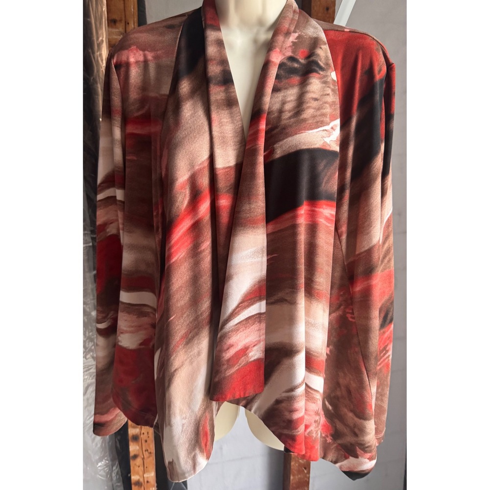 Dressbarn Abstract Print Open Front Draped Cardigan Brown Red Black Large